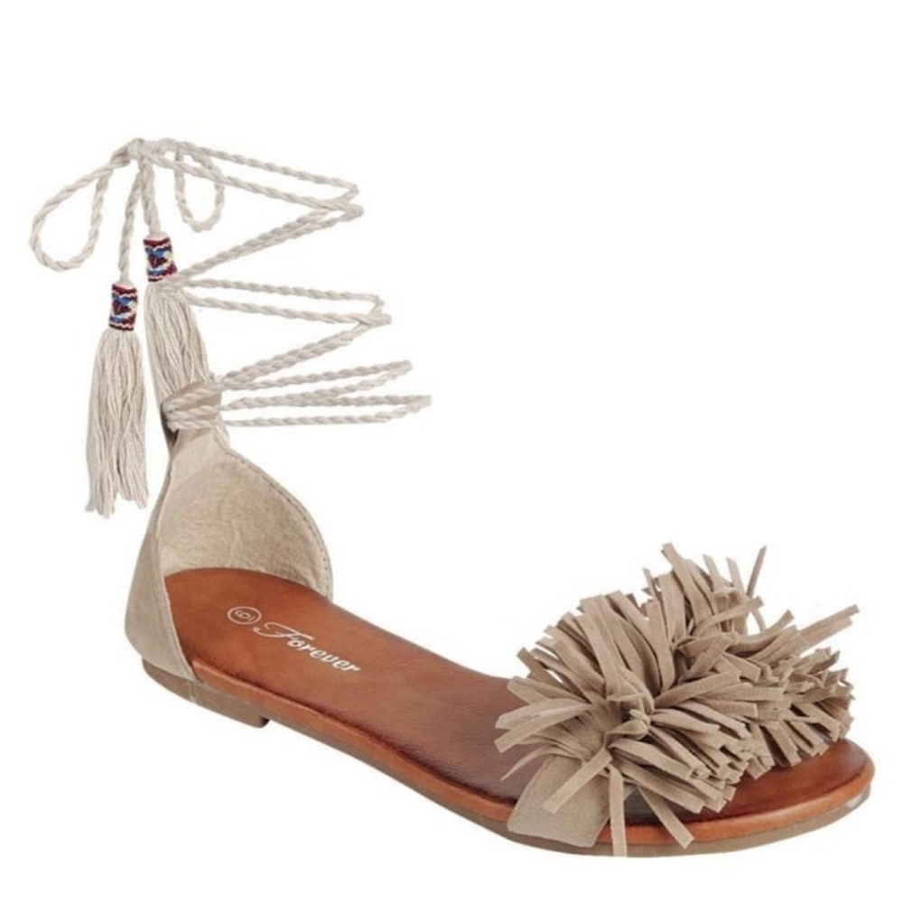 Forever Kailyn-29 Fringe Wrap Sandals Taupe Tan